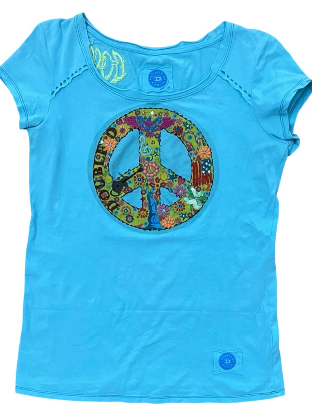 Double D Ranch Turquoise Peace Sign Tee beaded embroidered Boho RTL $205 S EUC